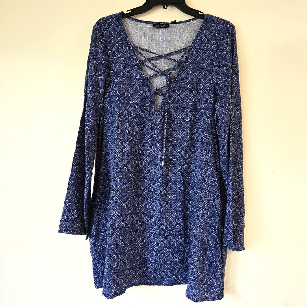 NWT Blue Azuejo Print Catalina V'd Tie Neck, Bell Sleeves, LS Beach Coverup Lg